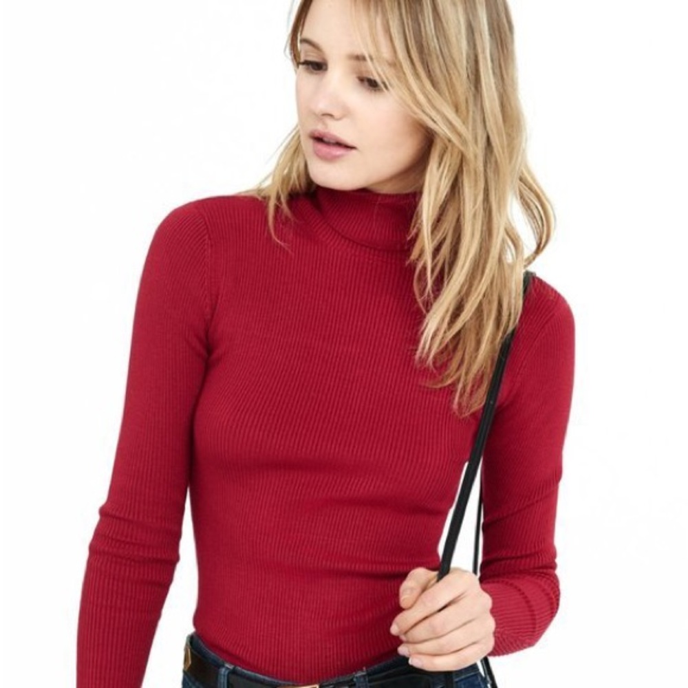 Red Turtleneck Ribbed Comfortable Long Sleeve Top